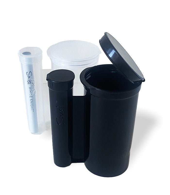 packaging for your weed. Clear or black container with pipe 