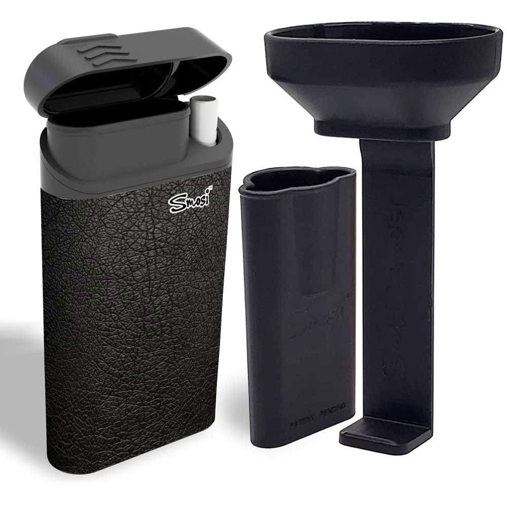 Smosi Original dugout with one-hitter pipe, funnel and pusher tool-black leather pattern